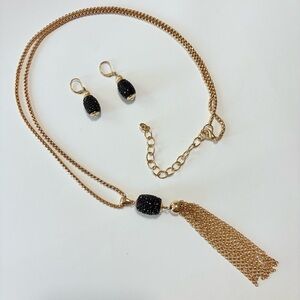 Vintage 1980’s Art Deco Style Gold Tone Black Glass Tassel Necklace & Earrings
